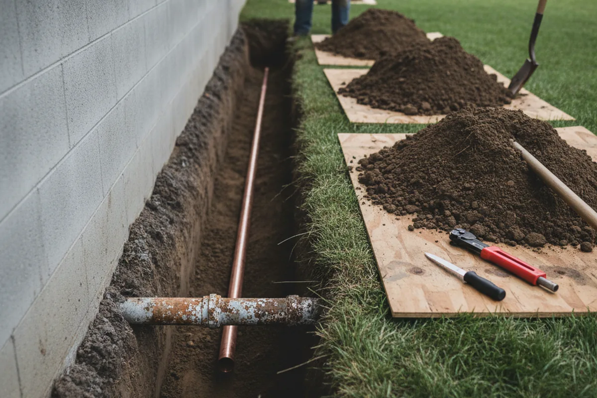 Excavated water line trench during Water Heater Repair in Westerlo